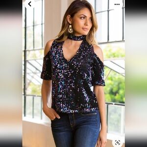 Boston Proper Purple and Blue Sequin Cold Shoulder Blouse Size XS (35" Bust)